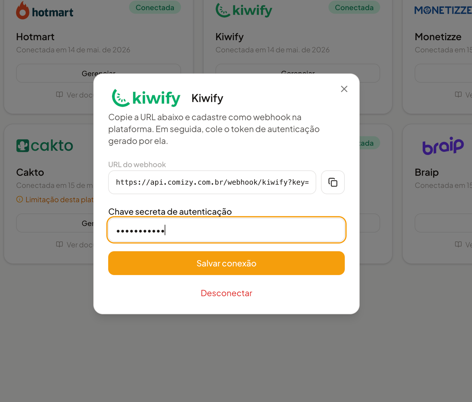 Modal de integração da Kiwify no Comizy com URL do webhook e campo de token