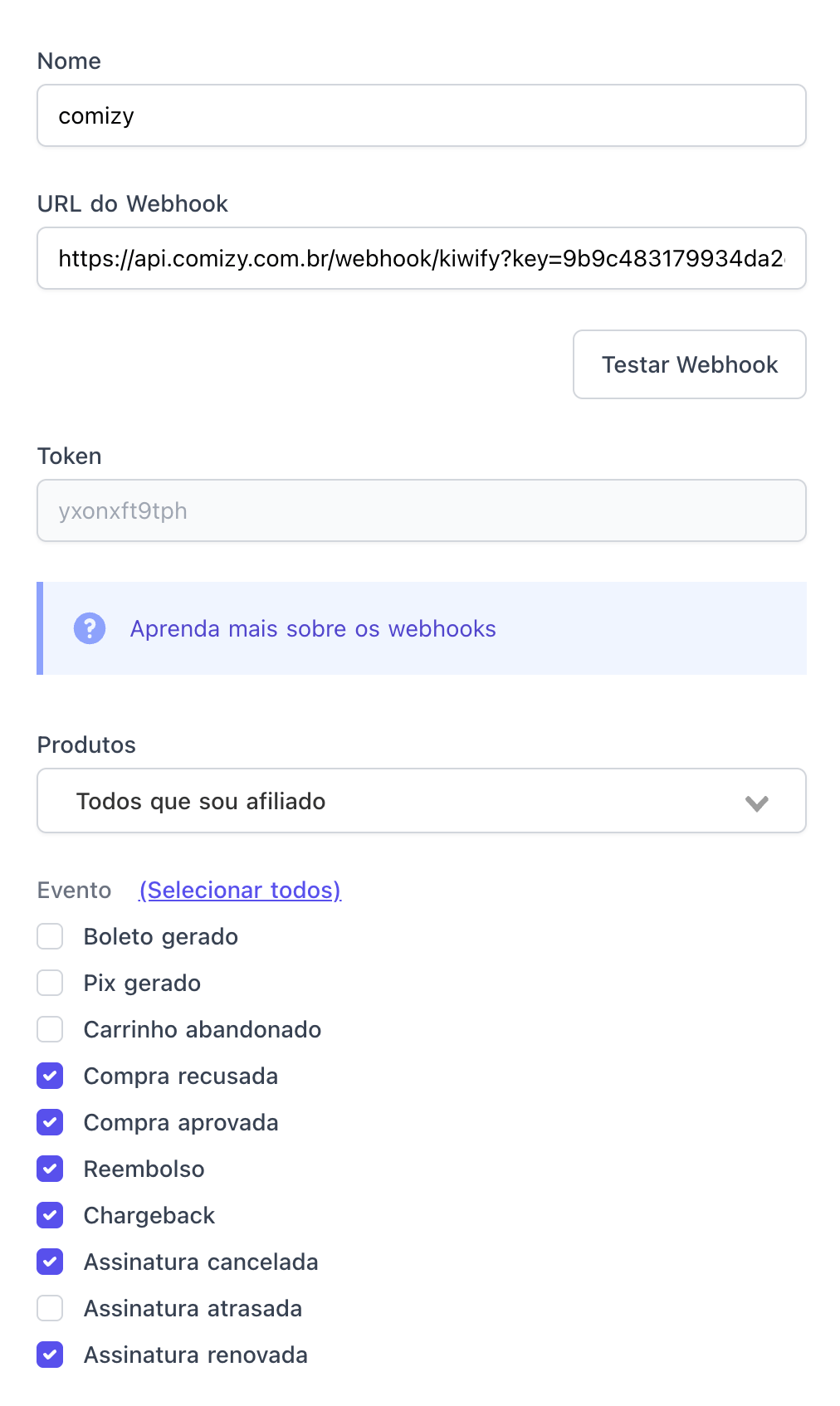 Formulário de criação de webhook na Kiwify preenchido com URL do Comizy e eventos selecionados