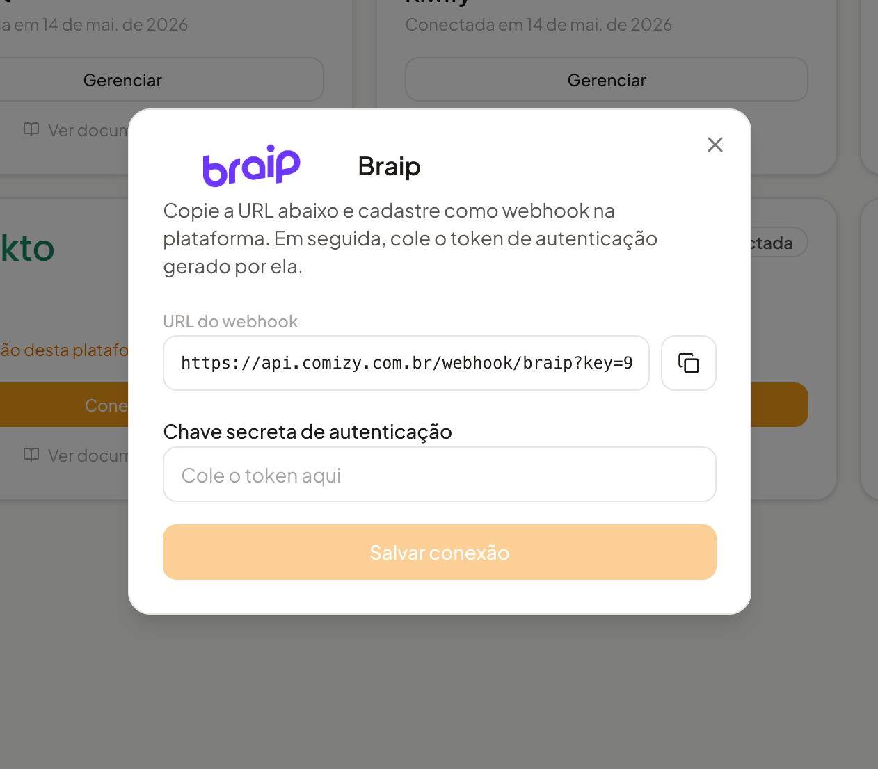 Modal de integração da Braip no Comizy com URL do webhook e campo de chave secreta