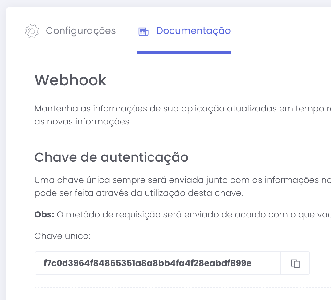 Aba Documentação da Braip com o campo Chave única para copiar o token de autenticação