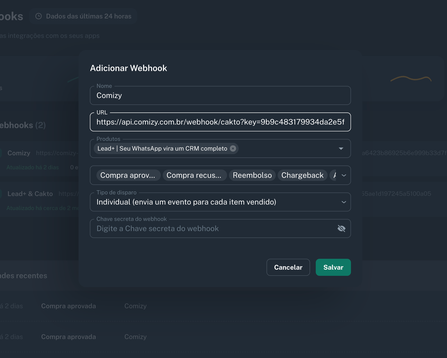 Formulário de criação de webhook na Cakto preenchido com URL do Comizy e eventos selecionados