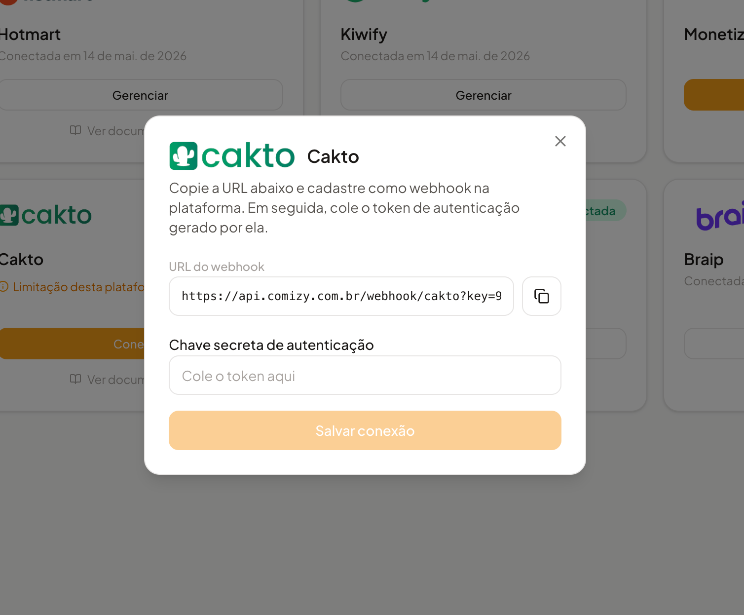 Modal de integração da Cakto no Comizy com URL do webhook e campo de chave secreta