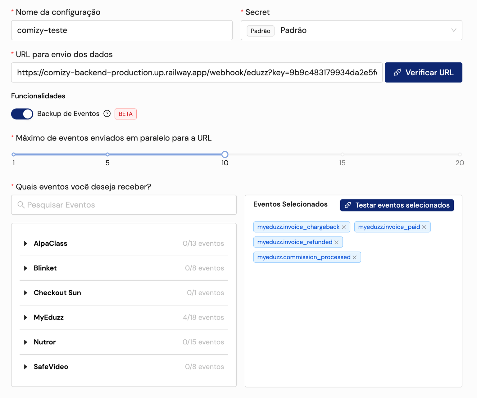 Formulário de nova configuração de webhook na Eduzz preenchido com URL do Comizy, Backup de Eventos ativado e eventos selecionados