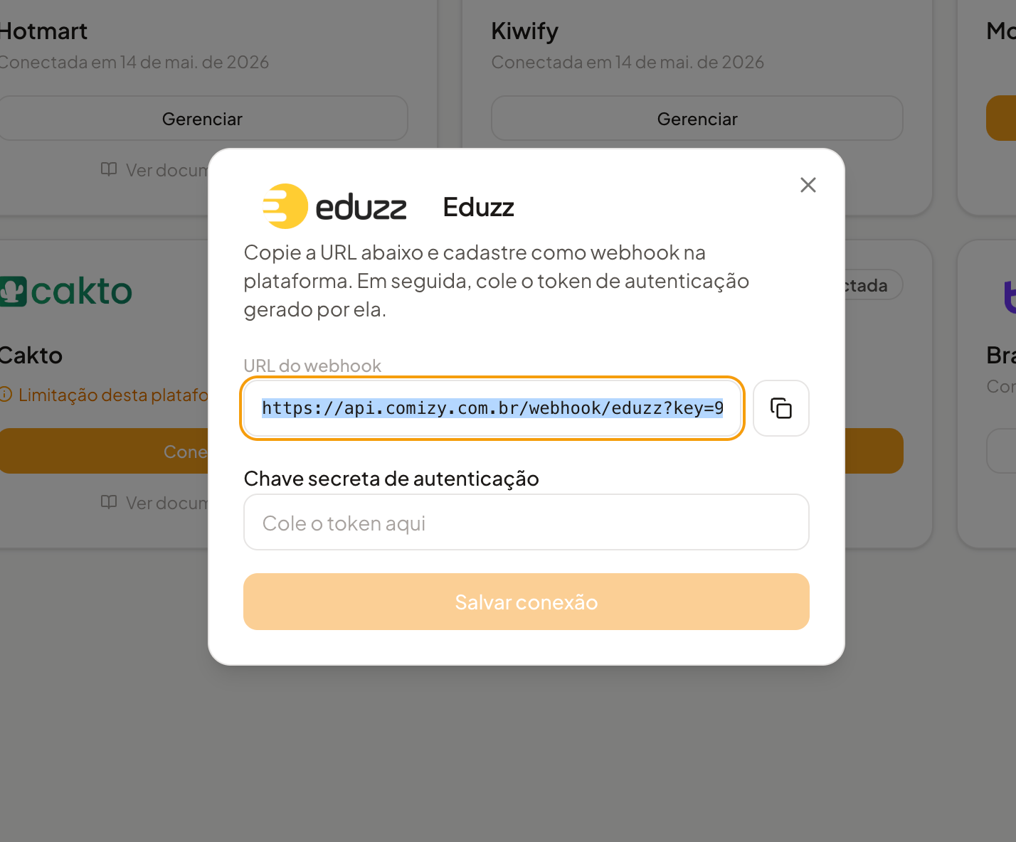 Modal de integração da Eduzz no Comizy com URL do webhook e campo de chave secreta