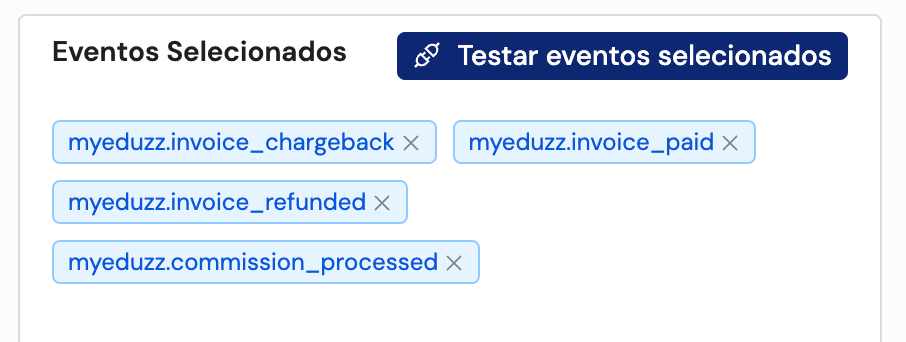 Eventos selecionados na Eduzz: myeduzz.invoice_chargeback, myeduzz.invoice_paid, myeduzz.invoice_refunded e myeduzz.commission_processed