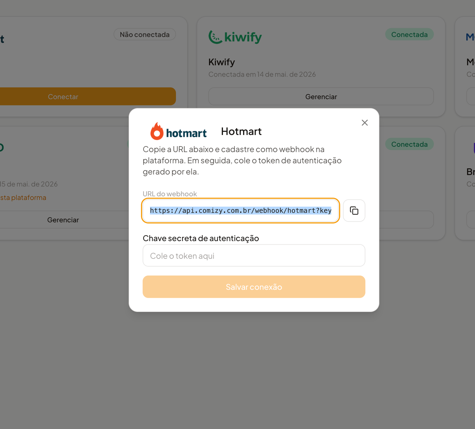 Copie a URL do webhook na tela de integração do Comizy
