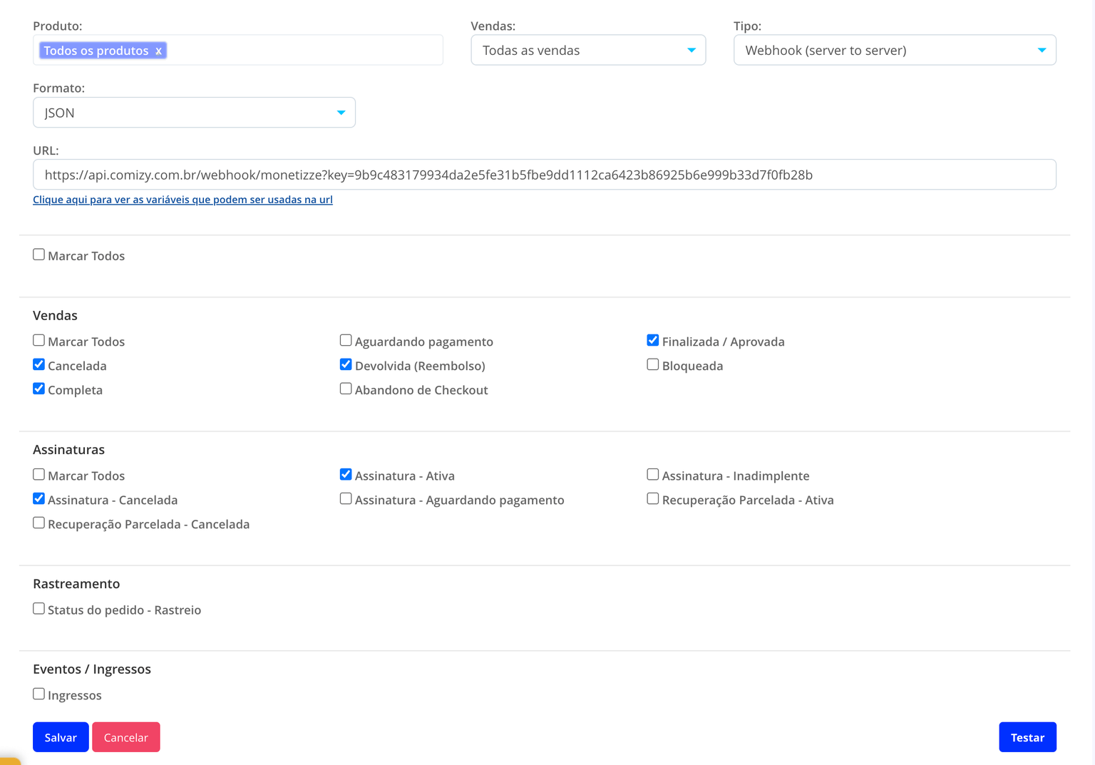 Formulário de postback na Monetizze preenchido com URL do Comizy e eventos selecionados