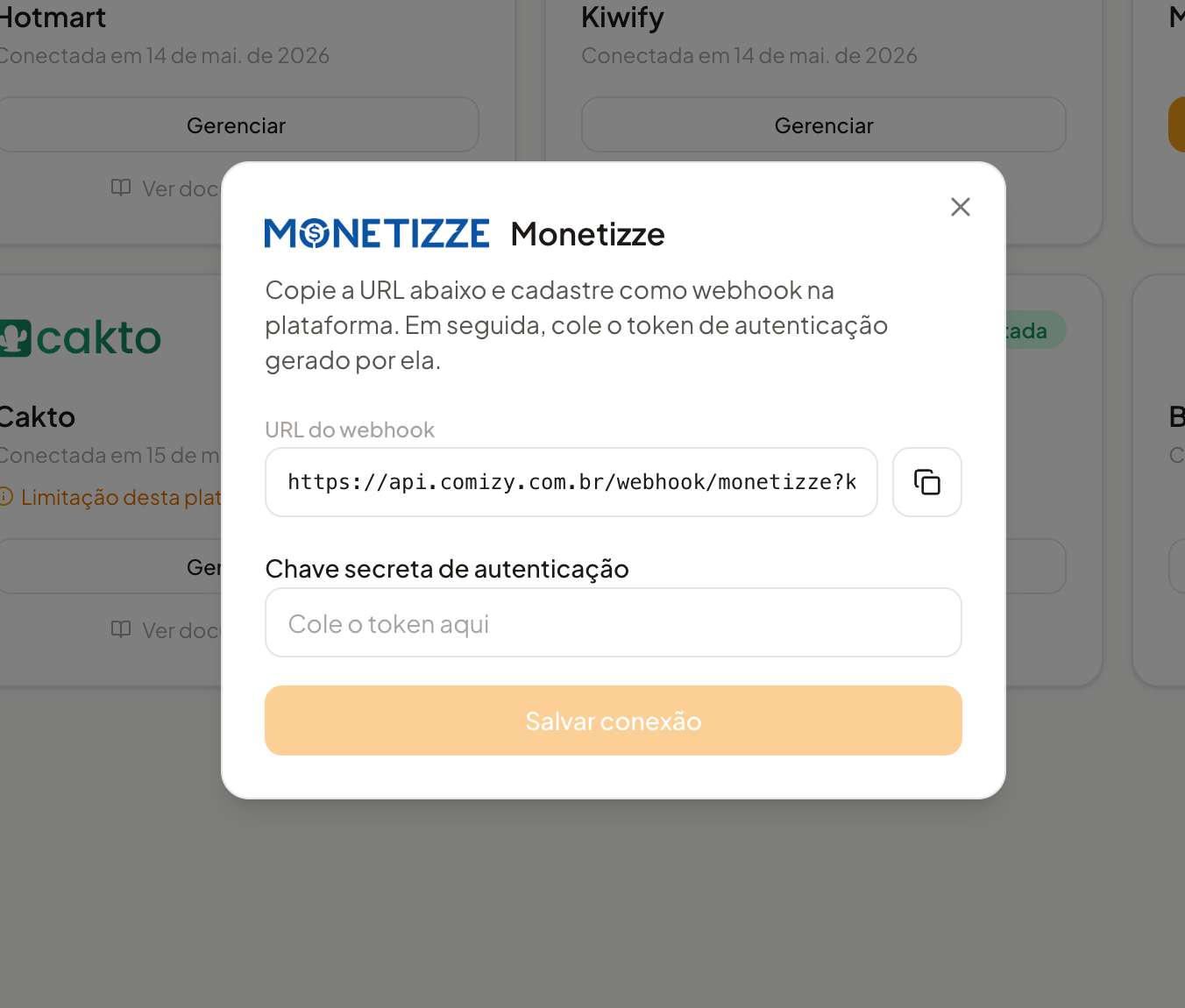 Modal de integração da Monetizze no Comizy com URL do webhook e campo de chave secreta